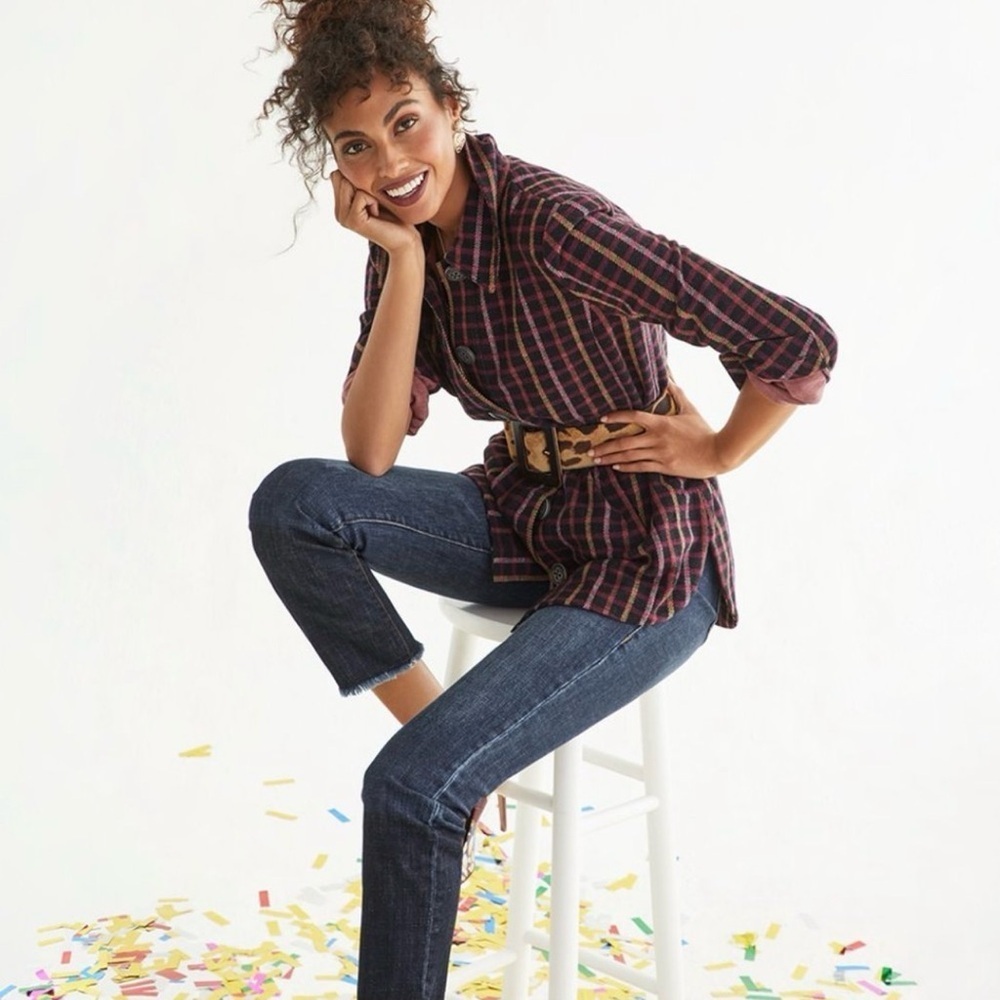 CAbi Black Pink Plaid Button-Down Plaid Frontier Jacket relaxed-fit shacket